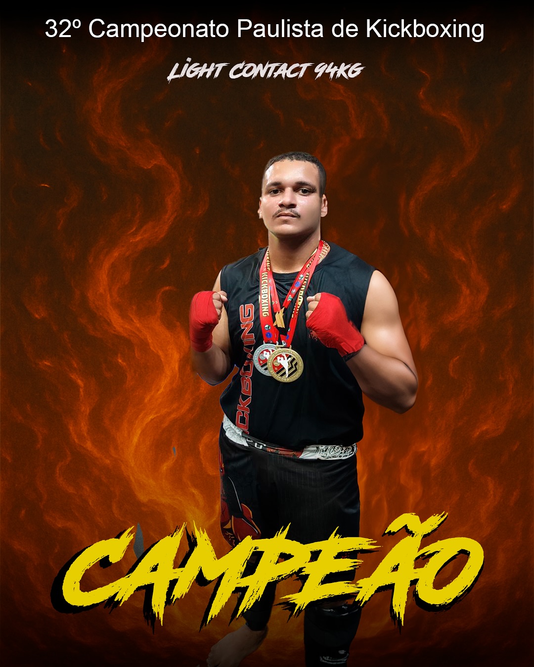 Arte de campeão do 32º Campeonato Paulista de Kickboxing: atleta da Keller Fight Team com bandagens vermelhas nas mãos e medalhas, light contact 94 kg, sobre fundo de chamas.